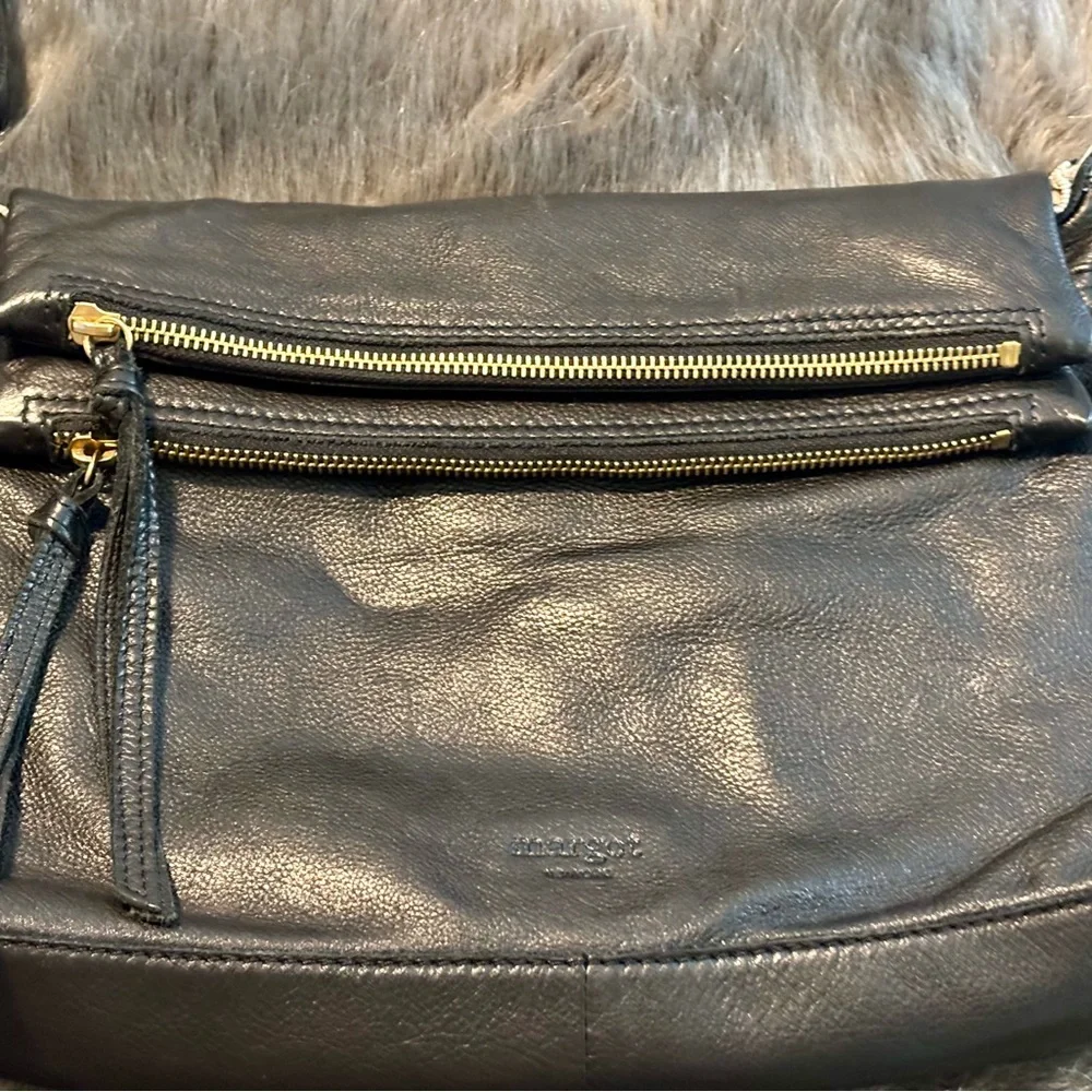 Black Leather Crossbody Bag with Gold Accents